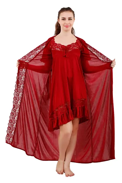 Beautiful Satin Knee Length Nightdress with Robe for Women