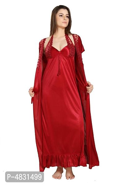 Maroon Women's Satin Lace Work Nighty with Robe Set of 2Pcs-thumb0