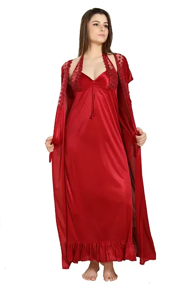Beautiful Satin Lace Work Nighty with Robe Set for women