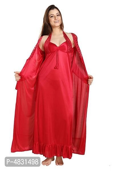 Red Women's Satin Lace Work Nighty with Robe Set of 2Pcs