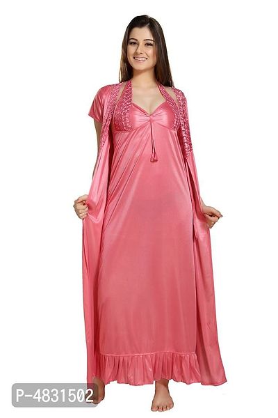 Coral Women's Satin Lace Work Nighty with Robe Set of 2Pcs