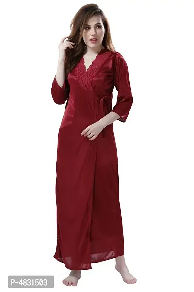 Maroon Women's Satin Nightwear Set of 2 Pcs Nighty with Robe-thumb4