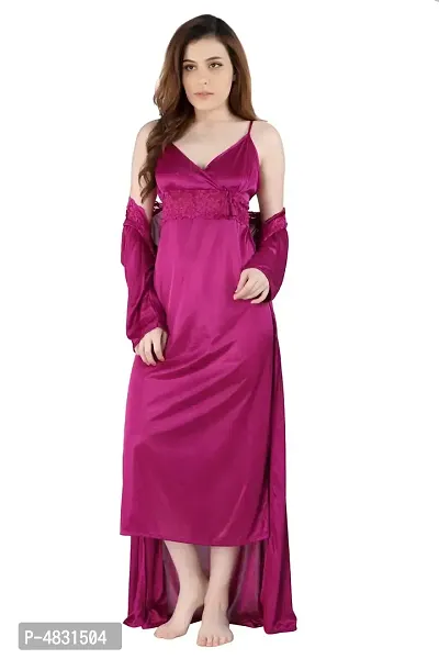Magenta Women's Satin Nightwear Set of 2 Pcs Nighty with Robe