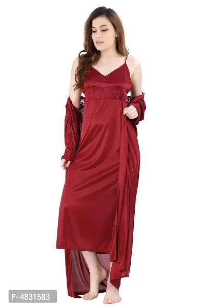 Maroon Women's Satin Nightwear Set of 2 Pcs Nighty with Robe