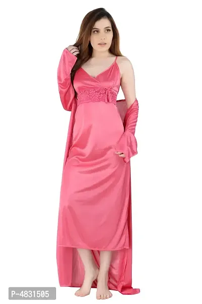 Pink Women's Satin Nightwear Set of 2 Pcs Nighty with Robe