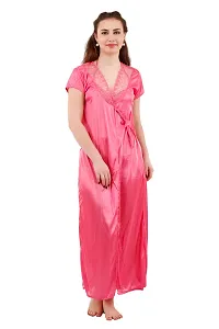 Light Pink Women's Satin Nightwear Wrap Gown, Capri and Top (Free Size) Pack of 4-thumb4
