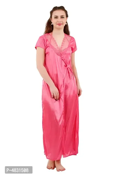 Light Pink Women's Satin Nightwear Wrap Gown, Capri and Top (Free Size) Pack of 4-thumb5