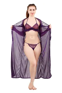 Alice Purple Women's Satin Nightwear Wrap Gown, Capri and Top (Free Size) Pack of 4-thumb2