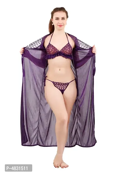Alice Purple Women's Satin Nightwear Wrap Gown, Capri and Top (Free Size) Pack of 4-thumb3