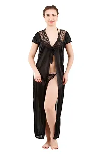 Black Women's Satin Nightwear Wrap Gown, Capri and Top (Free Size) Pack of 4-thumb4
