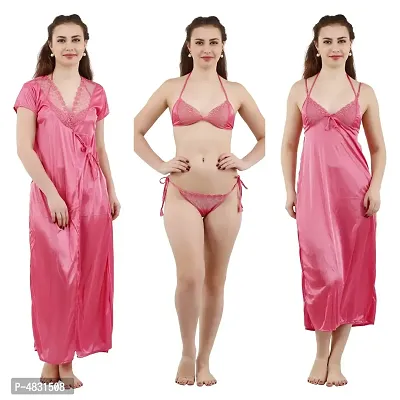 Light Pink Women's Satin Nightwear Wrap Gown, Capri and Top (Free Size) Pack of 4
