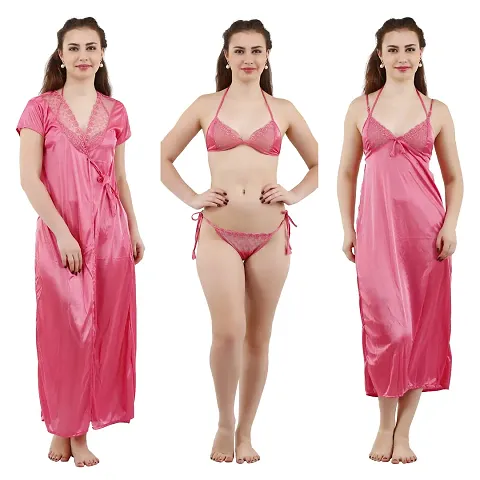 Trendy Satin Nightwear Set of  Wrap Gown, Capri and Top for Women