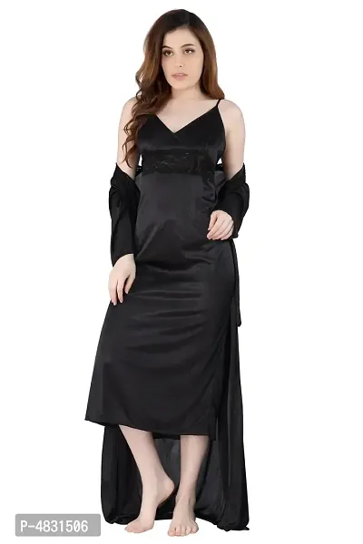Black Women's Satin Nightwear Set of 2 Pcs Nighty with Robe