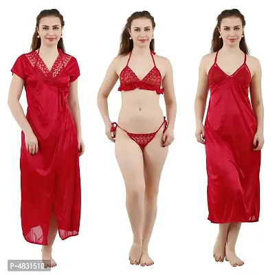 Maroon Women's Satin Nightwear Wrap Gown, Capri and Top (Free Size) Pack of 4