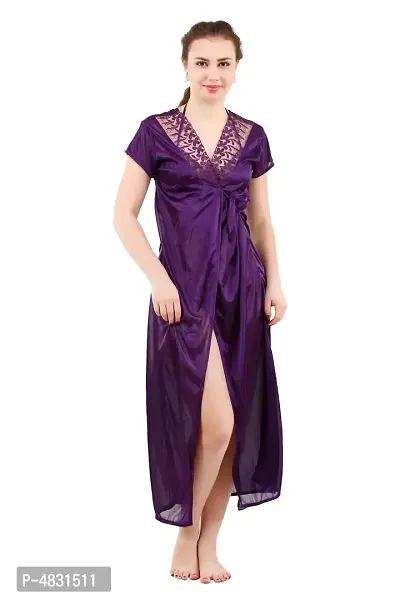 Alice Purple Women's Satin Nightwear Wrap Gown, Capri and Top (Free Size) Pack of 4-thumb5