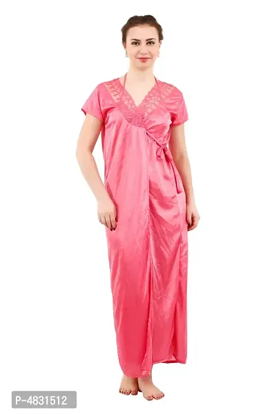 Light Coral Women's Satin Nightwear Wrap Gown, Capri and Top (Free Size) Pack of 4-thumb5