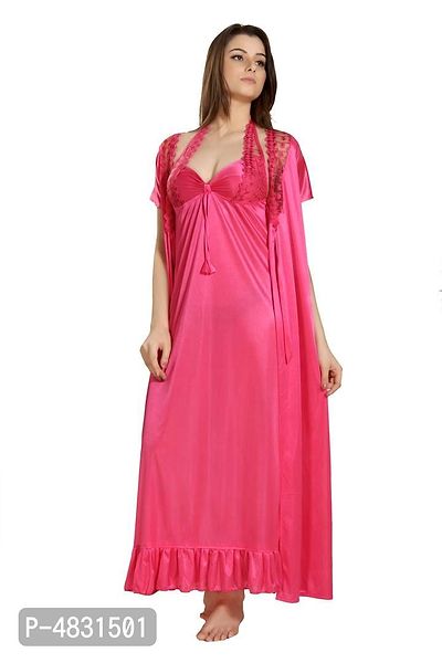 Pink Women's Satin Lace Work Nighty with Robe Set of 2Pcs