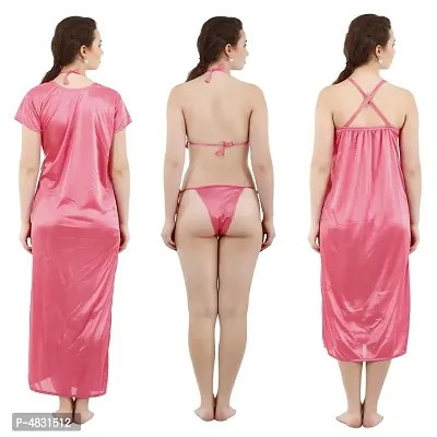 Light Coral Women's Satin Nightwear Wrap Gown, Capri and Top (Free Size) Pack of 4-thumb2