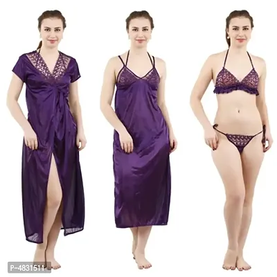 Alice Purple Women's Satin Nightwear Wrap Gown, Capri and Top (Free Size) Pack of 4