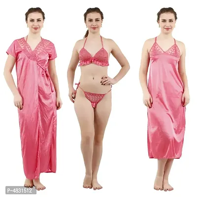 Light Coral Women's Satin Nightwear Wrap Gown, Capri and Top (Free Size) Pack of 4
