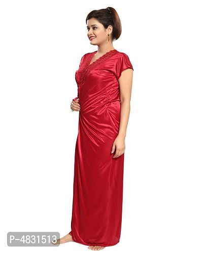 Maroon Women's Satin Nightwear Wrap Gown, Capri and Top (Free Size) Pack of 4-thumb5