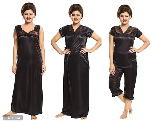 Black Women's Satin Nightwear Set of Nighty with Robe, Top with Capri (Free-Size) (Pack of 4 Pcs)