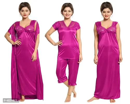 Magenta Women's Satin Nightwear Set of Nighty with Robe, Top with Capri (Free-Size) (Pack of 4 Pcs)