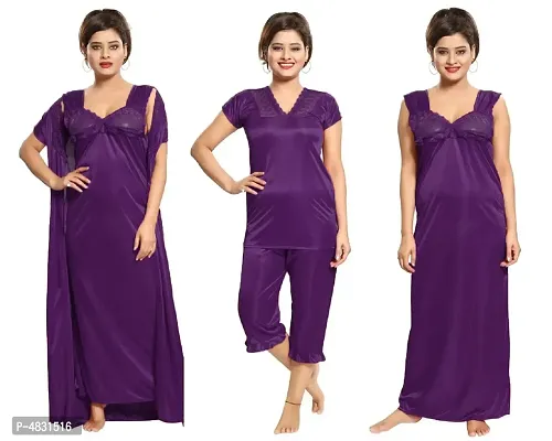 Indigo Purple Women's Satin Nightwear Set of Nighty with Robe, Top with Capri (Free-Size) (Pack of 4 Pcs)