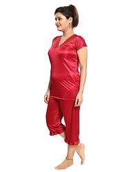Maroon Women's Satin Nightwear Wrap Gown, Capri and Top (Free Size) Pack of 4-thumb3