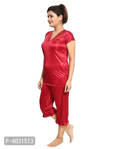 Maroon Women's Satin Nightwear Wrap Gown, Capri and Top (Free Size) Pack of 4-thumb4