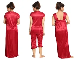 Maroon Women's Satin Nightwear Wrap Gown, Capri and Top (Free Size) Pack of 4-thumb1