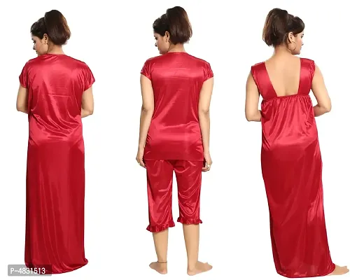 Maroon Women's Satin Nightwear Wrap Gown, Capri and Top (Free Size) Pack of 4-thumb2