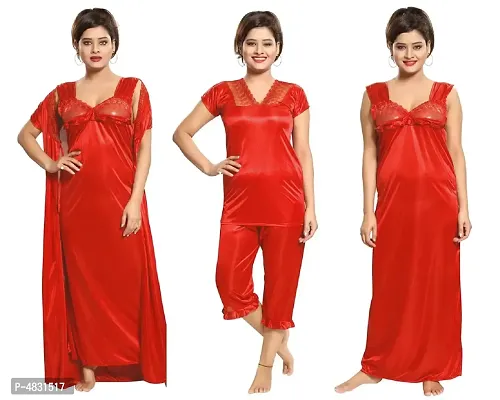 Red Women's Satin Nightwear Set of Nighty with Robe, Top with Capri (Free-Size) (Pack of 4 Pcs)