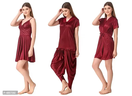 Women's Satin Nightwear Set of 6 Pieces (Babydoll, Short Wrap Gown, Patiyala Nightsuit with Bra  Thong)-thumb4