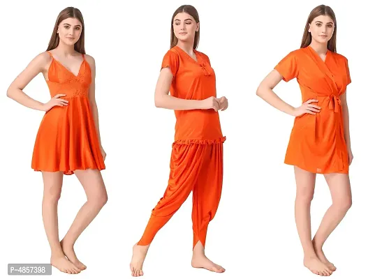 Women's Satin Nightwear Set of 6 Pieces (Babydoll, Short Wrap Gown, Patiyala Nightsuit with Bra  Thong)-thumb3