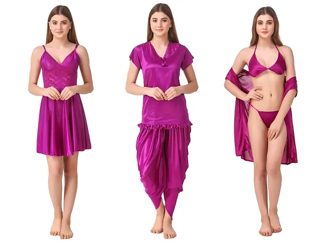 Fancy Satin 6ps Nightwear Set For Women