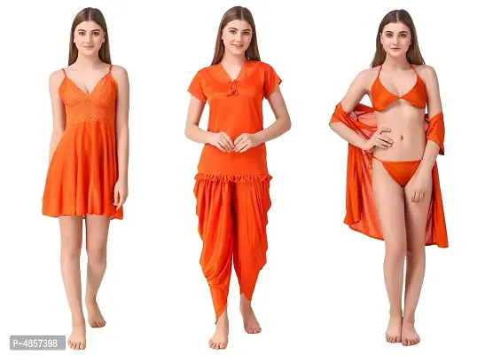 Women's Satin Nightwear Set of 6 Pieces (Babydoll, Short Wrap Gown, Patiyala Nightsuit with Bra  Thong)