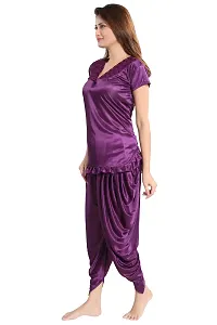 Indigo Purple Women's Satin Night Suit, Top With Patiyal-thumb2
