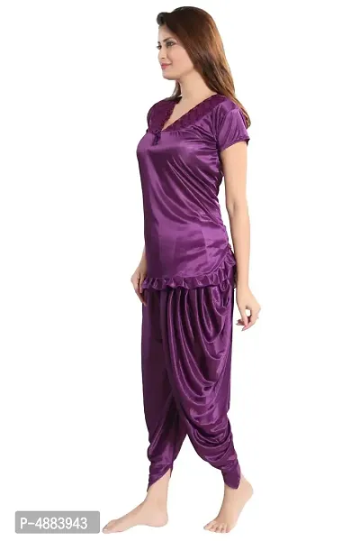 Indigo Purple Women's Satin Night Suit, Top With Patiyal-thumb3