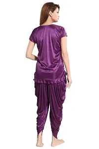 Indigo Purple Women's Satin Night Suit, Top With Patiyal-thumb1