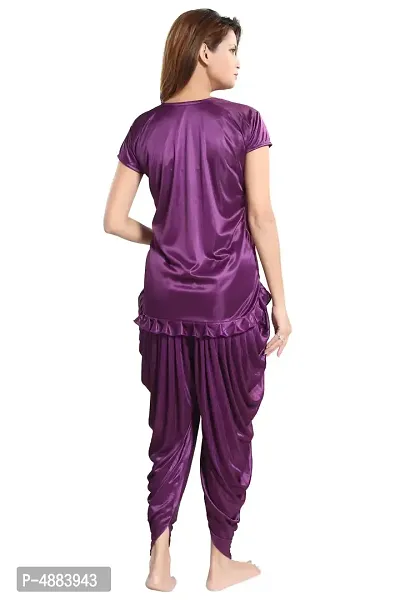 Indigo Purple Women's Satin Night Suit, Top With Patiyal-thumb2