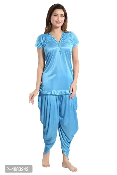 Dodger Blue Women's Satin Night Suit, Top With Patiyal