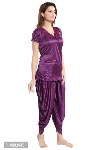Indigo Purple Women's Satin Night Suit, Top With Patiyal-thumb4