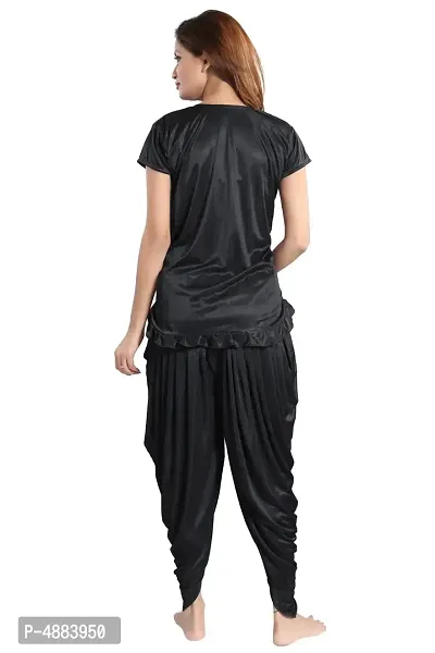 Black Women's Satin Night Suit, Top With Patiyal-thumb2