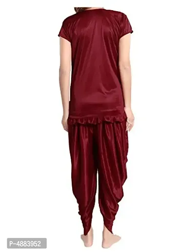Maroon Women's Satin Night Suit, Top With Patiyal-thumb2