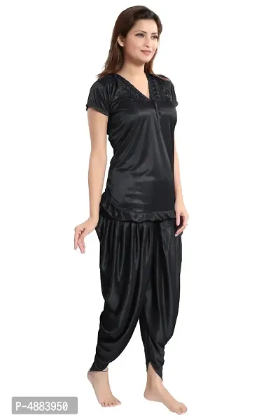 Black Women's Satin Night Suit, Top With Patiyal-thumb4