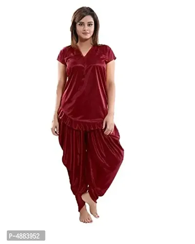 Maroon Women's Satin Night Suit, Top With Patiyal-thumb0