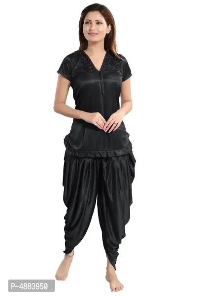 Black Women's Satin Night Suit, Top With Patiyal-thumb0