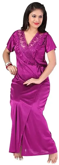 Magenta Women's Satin Lace Work Nightdress With Robe (Pack Of 2 Pcs)-thumb3