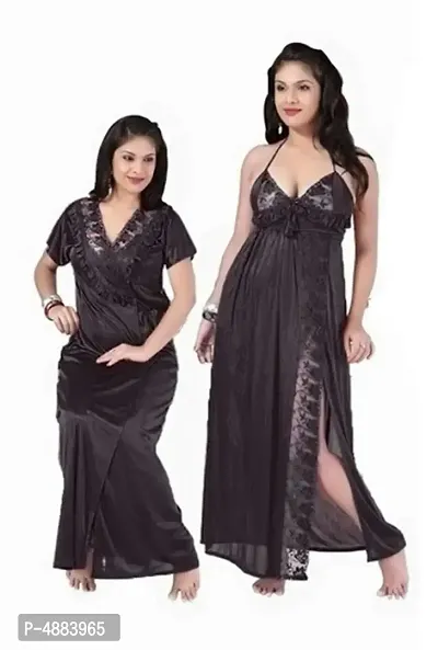 Black Women's Satin Lace Work Nightdress With Robe (Pack Of 2 Pcs)